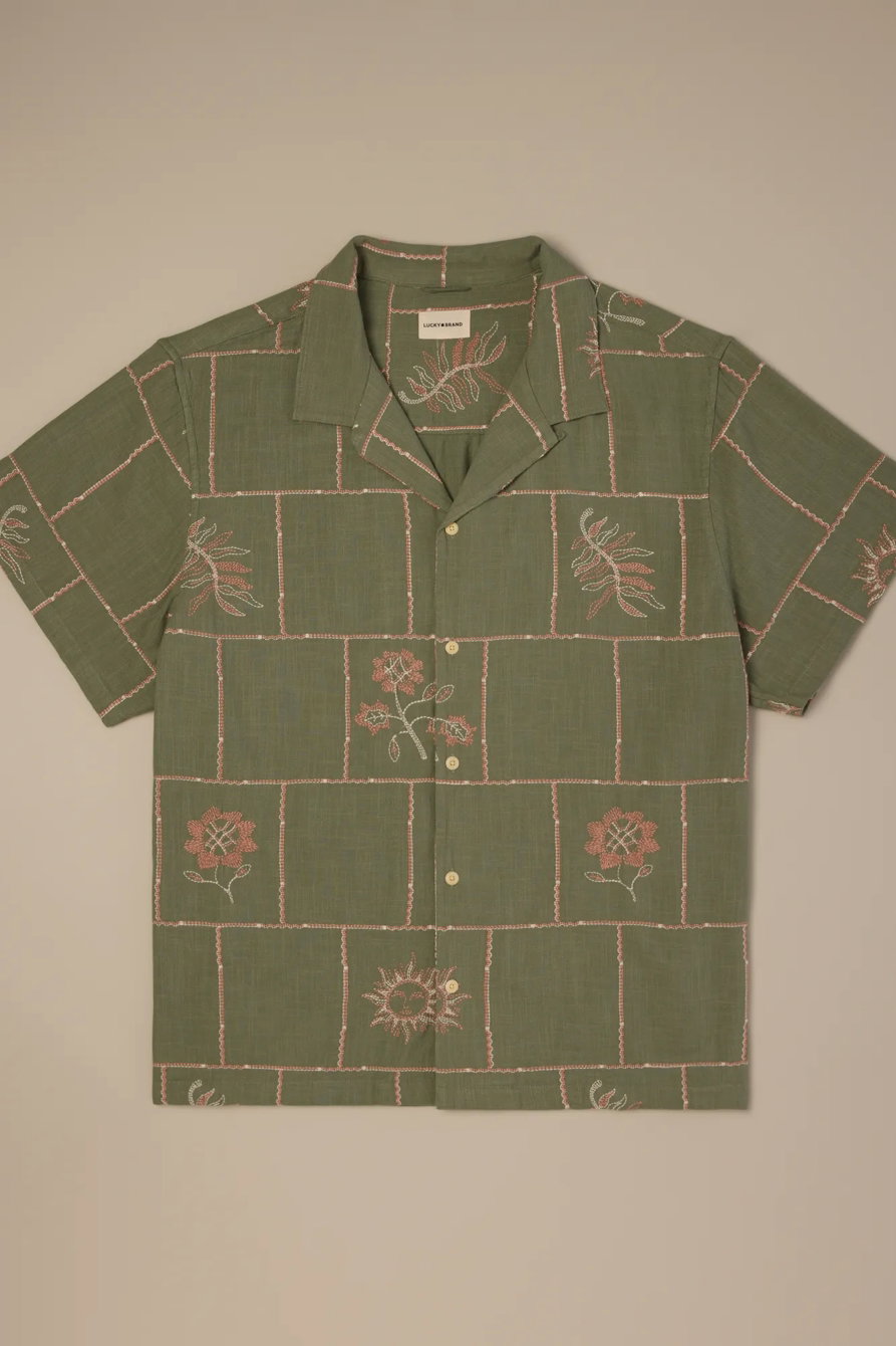 Image of Lucky Brand Big And Tall Novelty Camp Collar Shirt - Men's Clothing Outerwear Shirt Jackets in Olive Multi