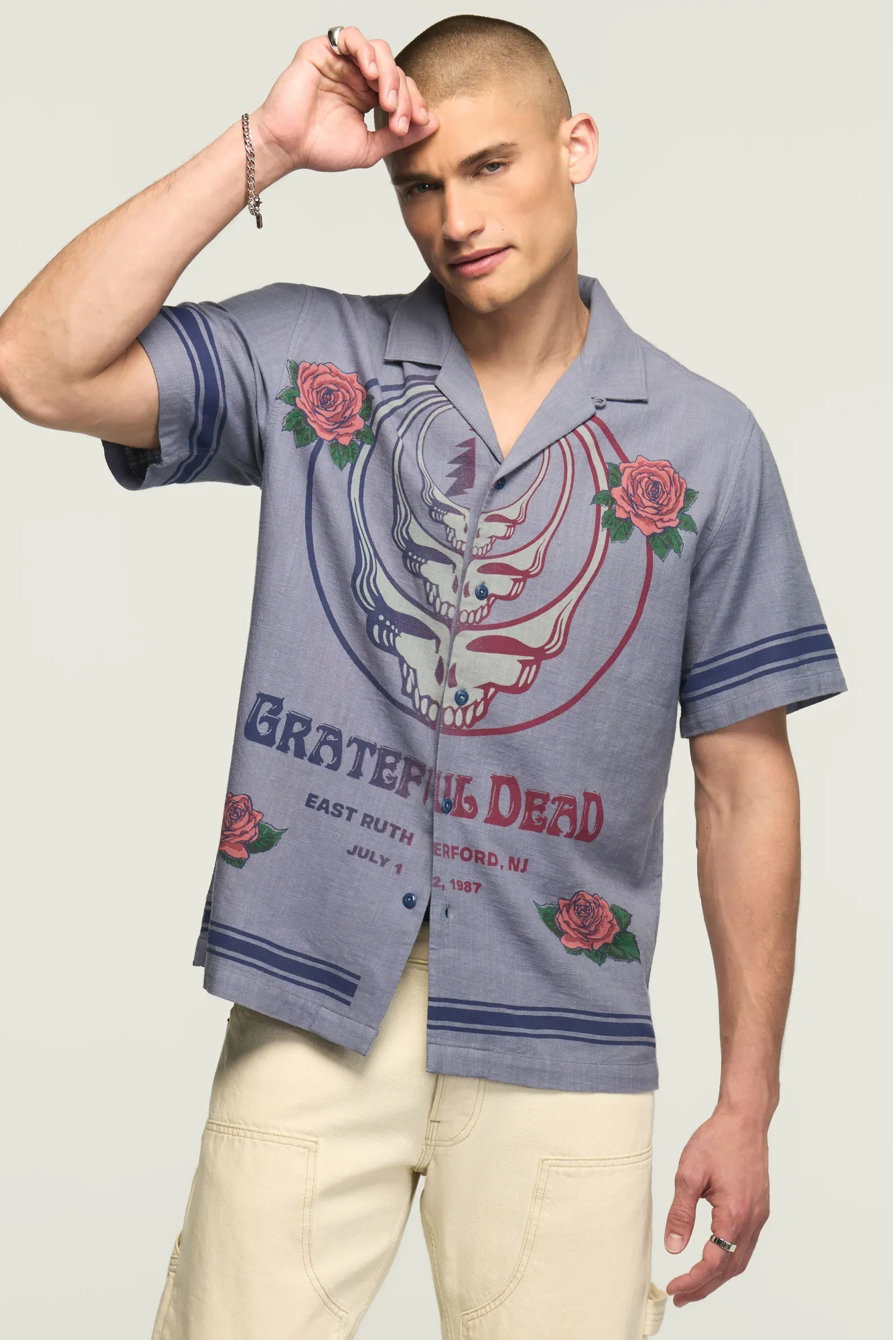Image of Lucky Brand Short Sleeve Grateful Dead Printed Shirt - Men's Clothing Outerwear Shirt Jackets in Blue Blush