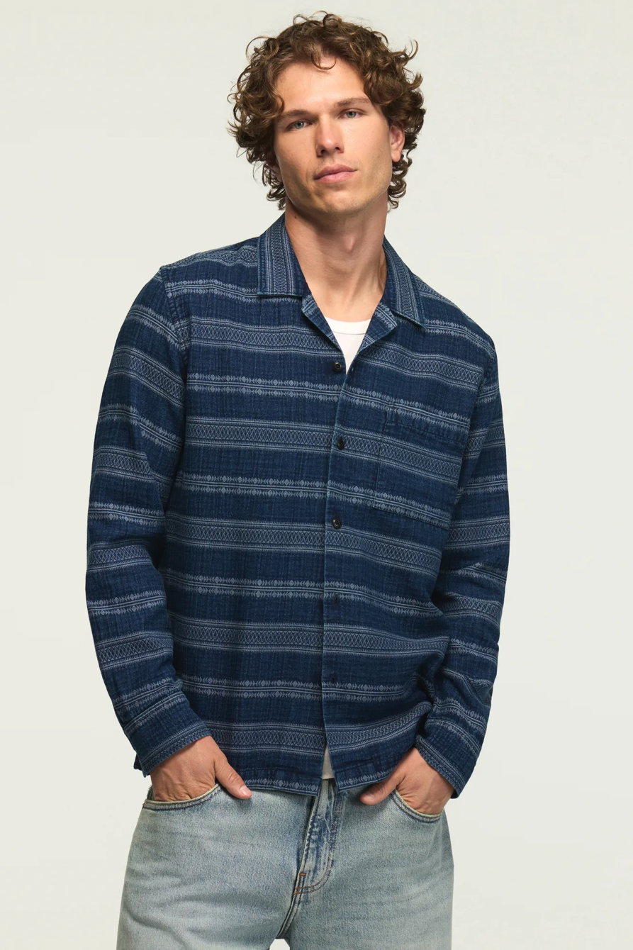 Image of Lucky Brand Long Sleeve Indigo Jacquard Camp Collar Shirt - Men's Clothing Outerwear Shirt Jackets