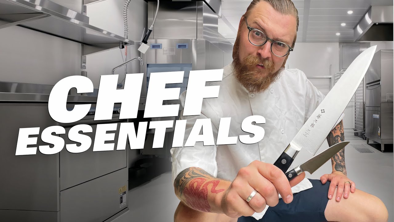 Chef essentials video 0 chef Nathan holding 2 knives out in front of him