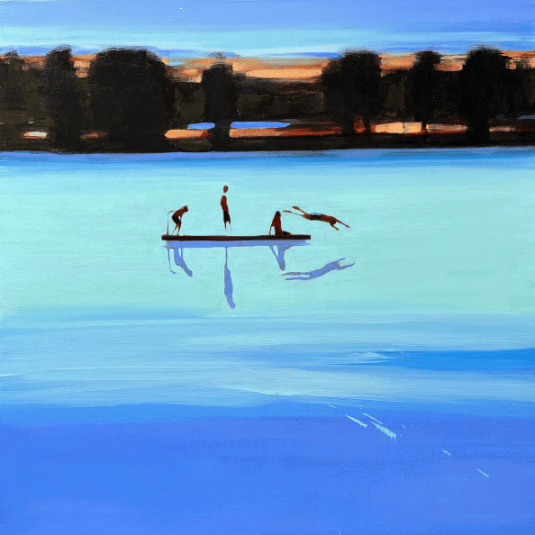 Painting of people on dock jumping into lake