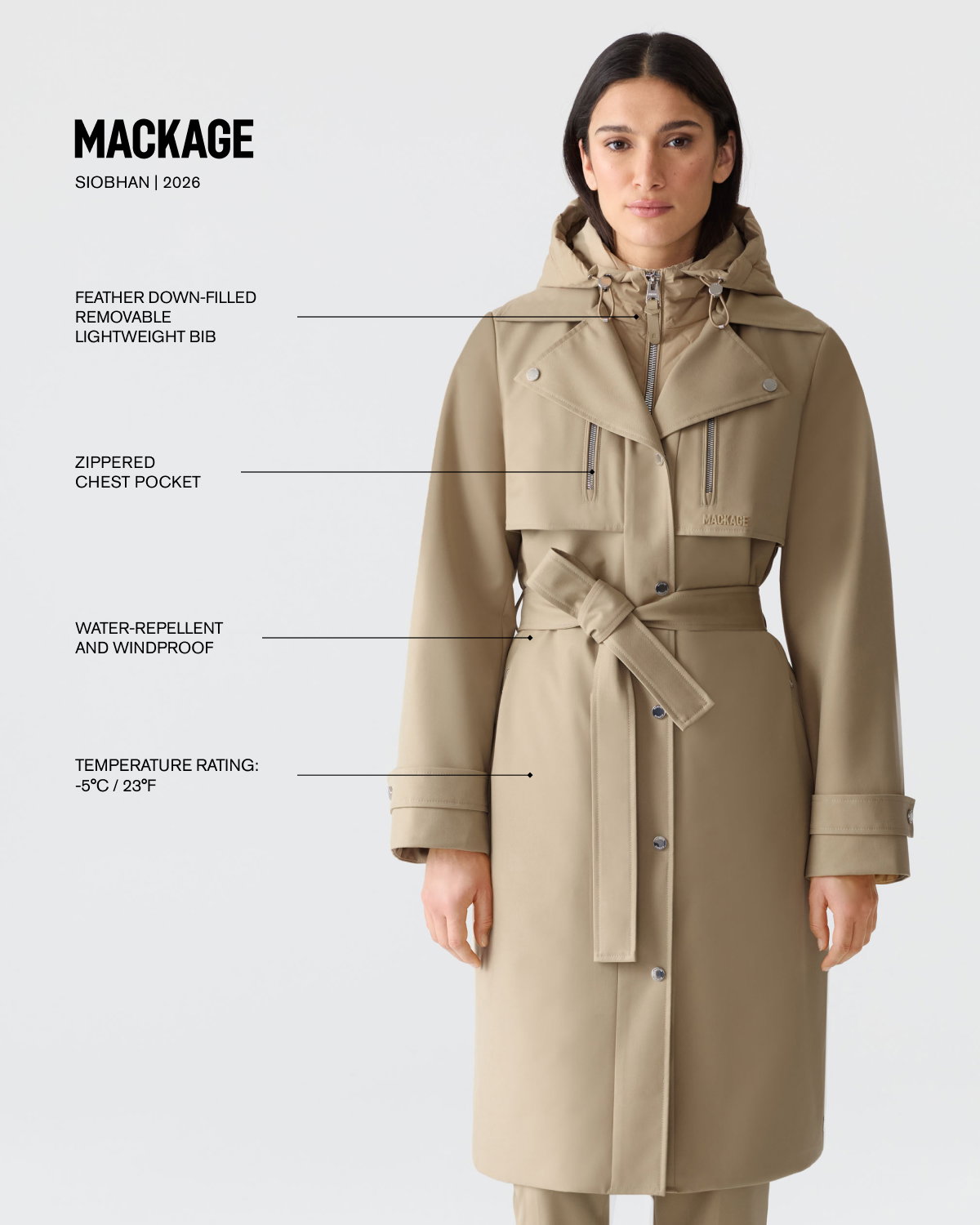 SIOBHAN Down Trench Coat with Removable Bib