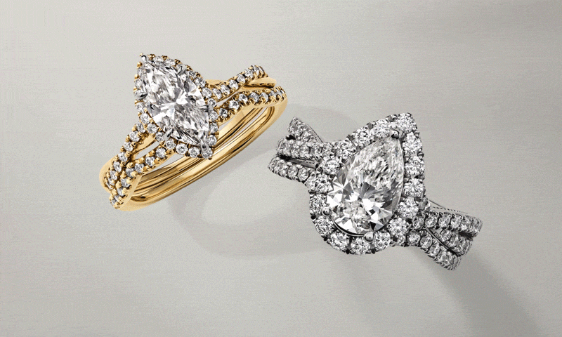 Yellow gold and white gold diamond engagement rings. Men’s diamond wedding bands. Diamond fashion stacked rings.