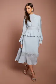 Lace Trim Detail Long Sleeve Midi Dress
