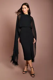 Chiffon Feather Scarf Stretch Crepe Midi Dress