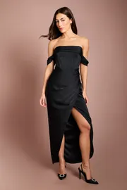 Draped Bardot Corset Satin Black Maxi Dress