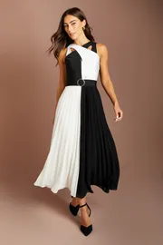 Bandage Cross Neck Pleated Skirt Midi Dress