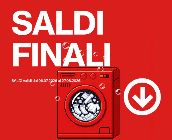SALDI FINALI. Lavatrice rossa con capi all'interno e freccia verso il basso.