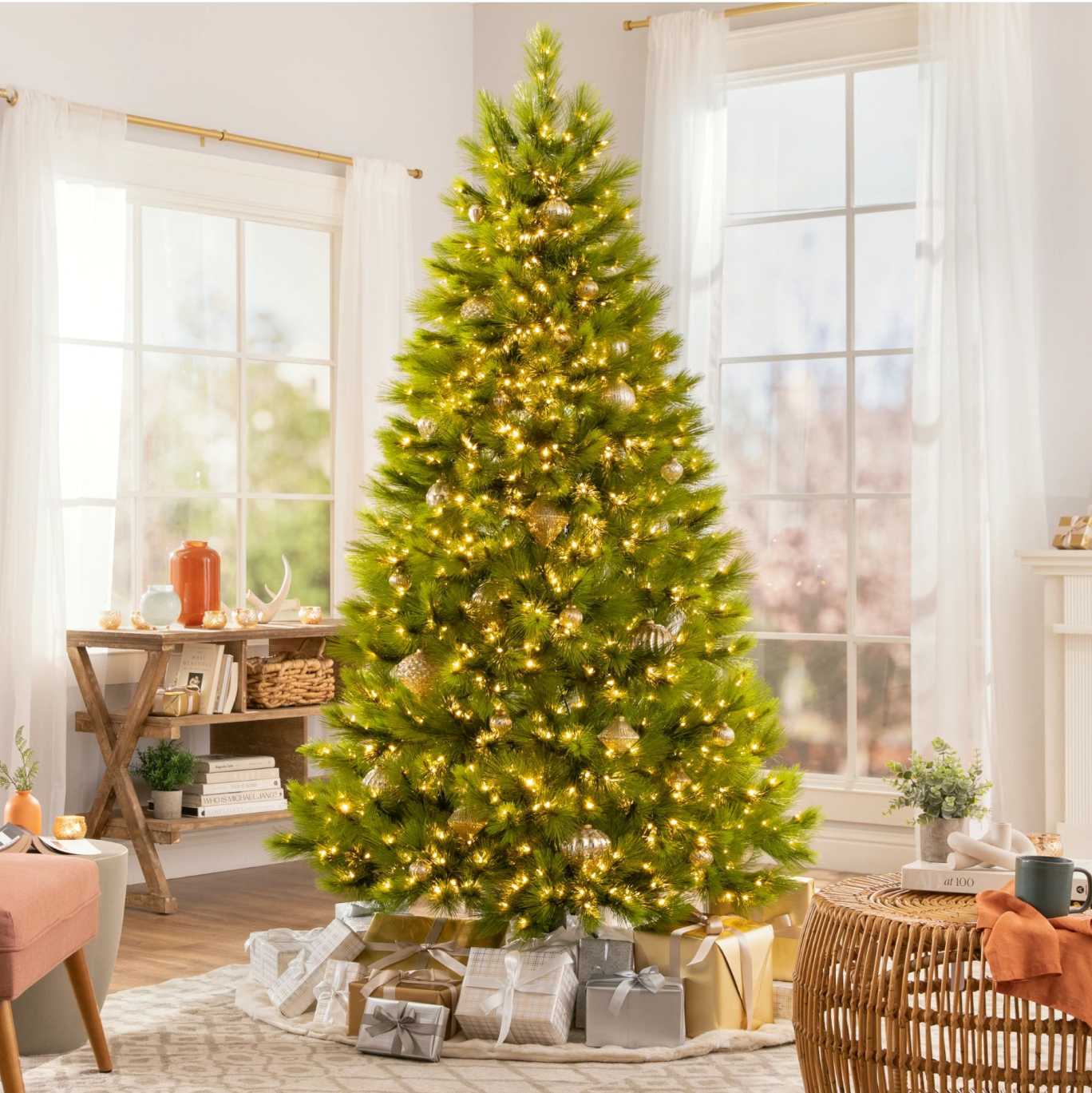 Pre-lit Monterey Pine tree with presents.