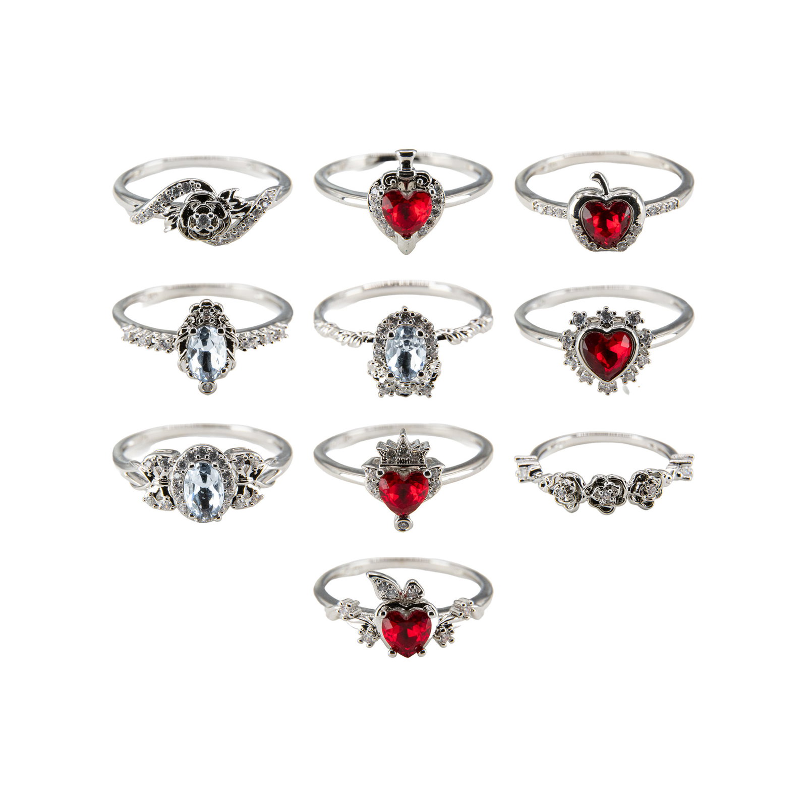 The complete Snow White collection of ten Rhodium-Plated rings