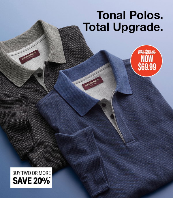 Two tonal knit polos in charcoal and blue displayed on a blue background. Text reads: 