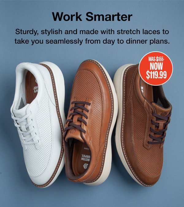 Three casual leather shoes in white and brown displayed on a blue background. Text reads: 