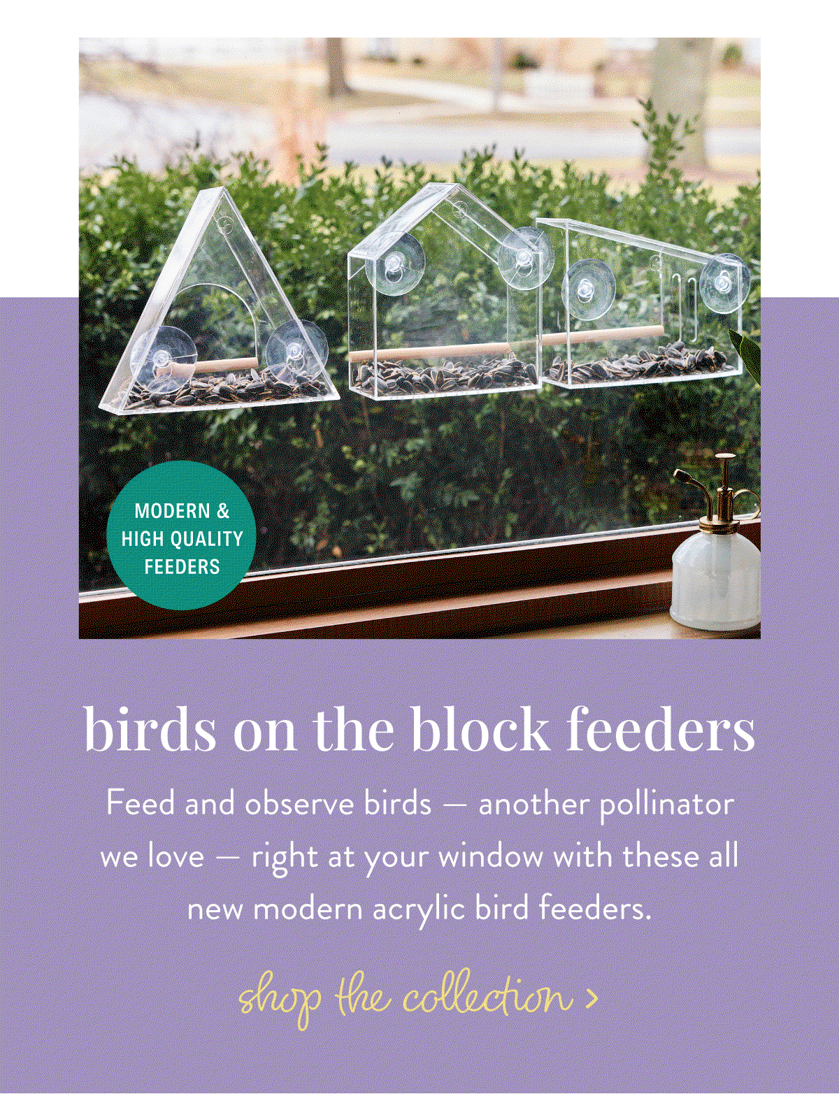 Birds on the Block Bird Feeders: Feed and observe birds — another pollinatorwe love — right at your window with these all new modern acrylic bird feeders.