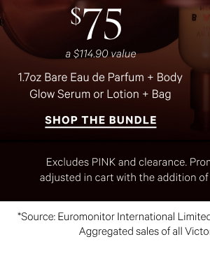 1.7oz Bare Eau de Parfum + Body Glow Serum or Lotion + Bag A $114.90 value. Shop the $75 Bundle> 