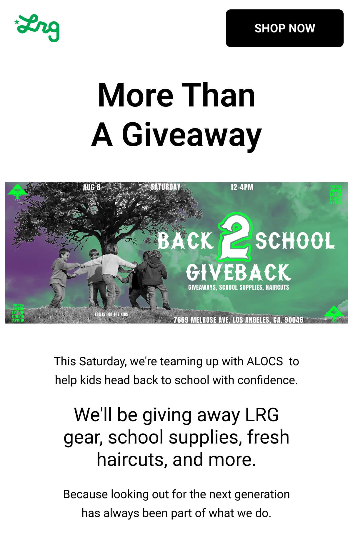More Than A Giveaway | This Saturday, we're teaming up with ALOCS  to help kids head back to school with confidence. We'll be giving away LRG gear, school supplies, fresh haircuts, and more. Because looking out for the next generation has always been part of what we do.