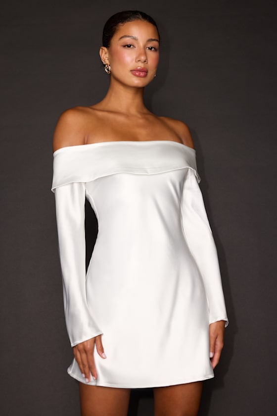 Image of Luxurious Vision White Satin Off The Shoulder Mini Dress