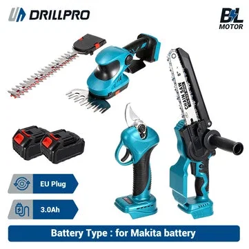 Drillpro 4 In 1 8 inch Chainsaw Brushless Motor Gardening Tool Set Chainsaw Hedge Trimmer Pruning Shears 25mm Cutting Adjustable Blades Cutting in Garden with 2 Batteries Also for Makita Batteries