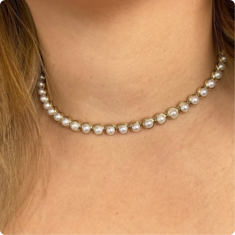 Shy Creation Cultured Pearl Tennis Necklace in 14k Yellow Gold