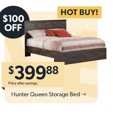 Featured Hunter Queen Storage Bed. 100 dollars off. HOT BUY! 399 dollars and 88 cents. Price after savings. Click to shop now.