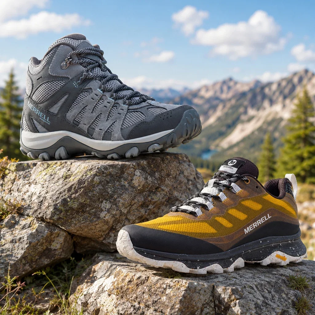 Two Merrell hiking boots displayed on rocky terrain with mountains and forest in background under blue sky.
