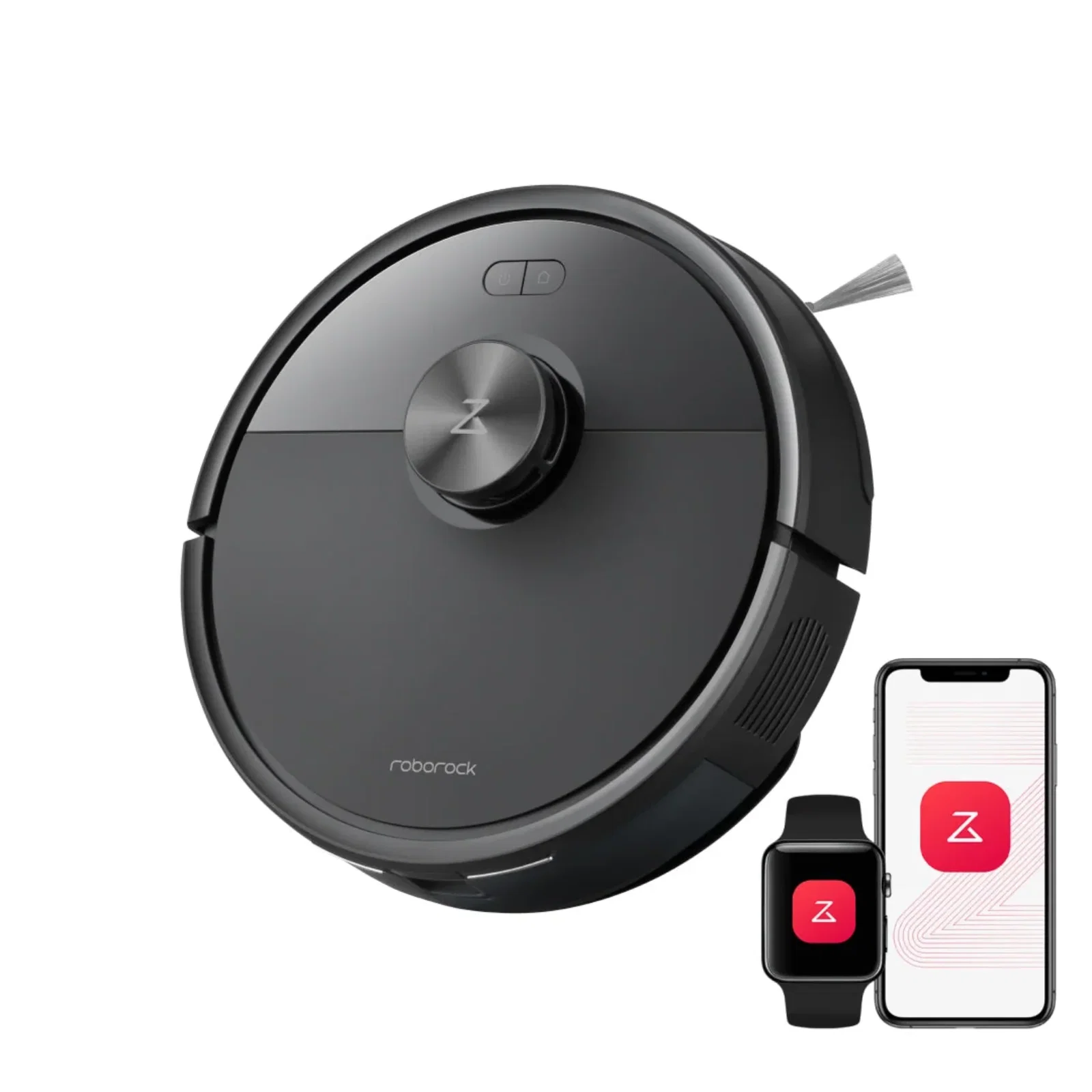 Roborock S5 Max robot vacuum with smartphone app and smartwatch control interface displayed.