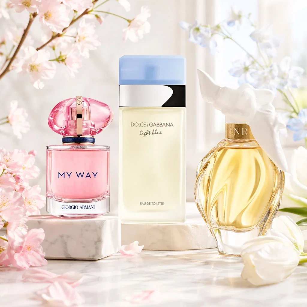 Three luxury perfume bottles displayed among pink and white flowers on marble surfaces for The Fragrance Mega Sale.