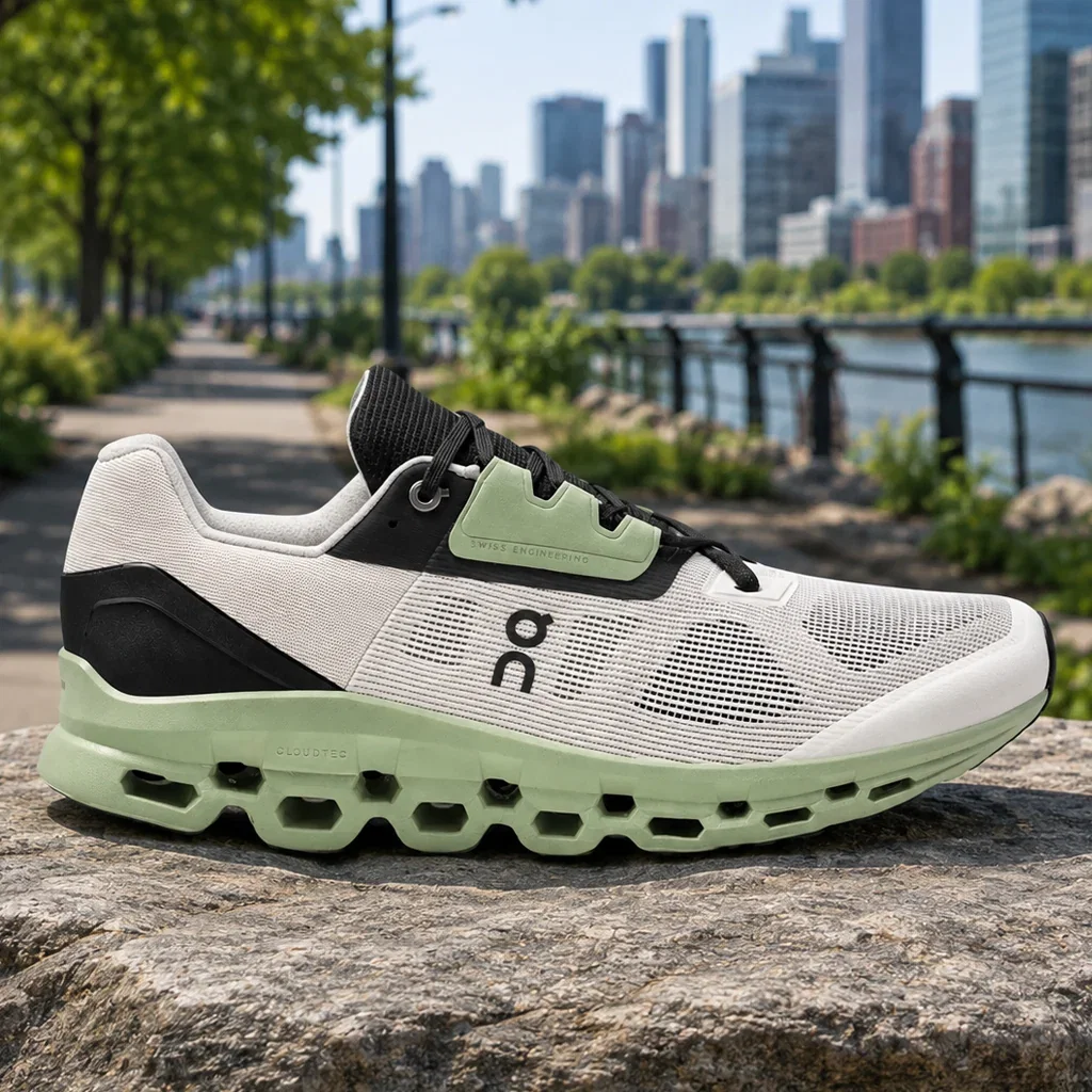 On running shoe in white and pale green with CloudTec sole displayed on waterfront path with city skyline.