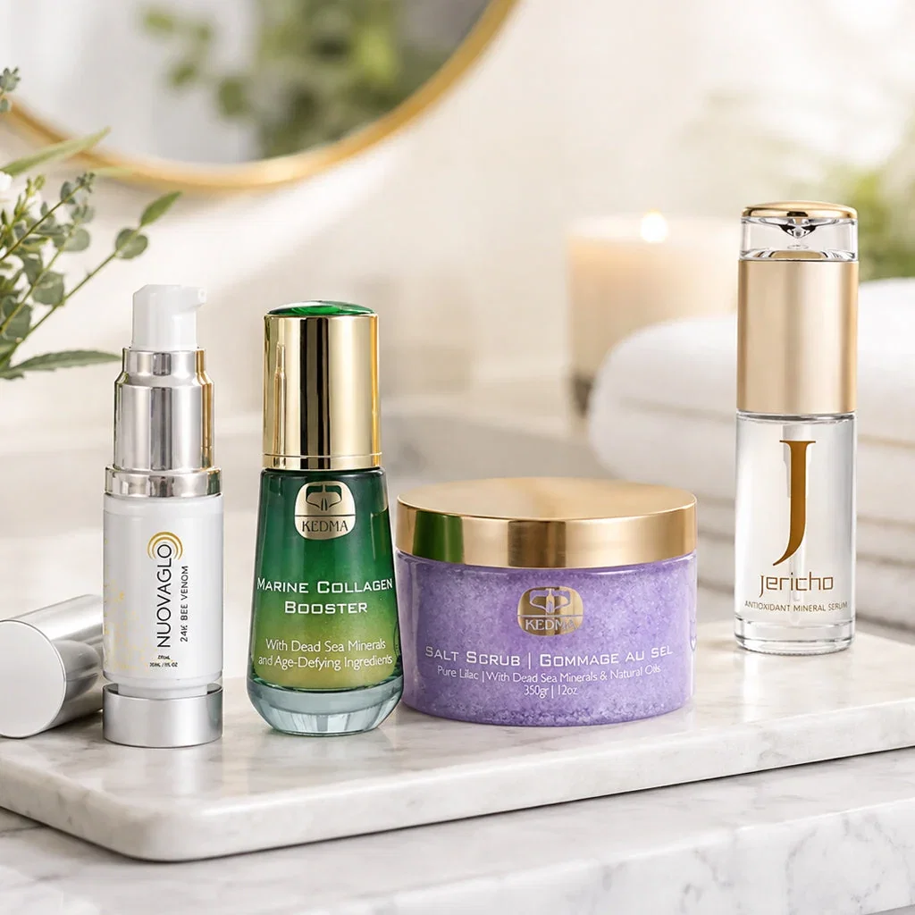 Beauty Care Routine Essentials collection featuring skincare products including serum, booster, salt scrub, and mineral serum on marble surface.
