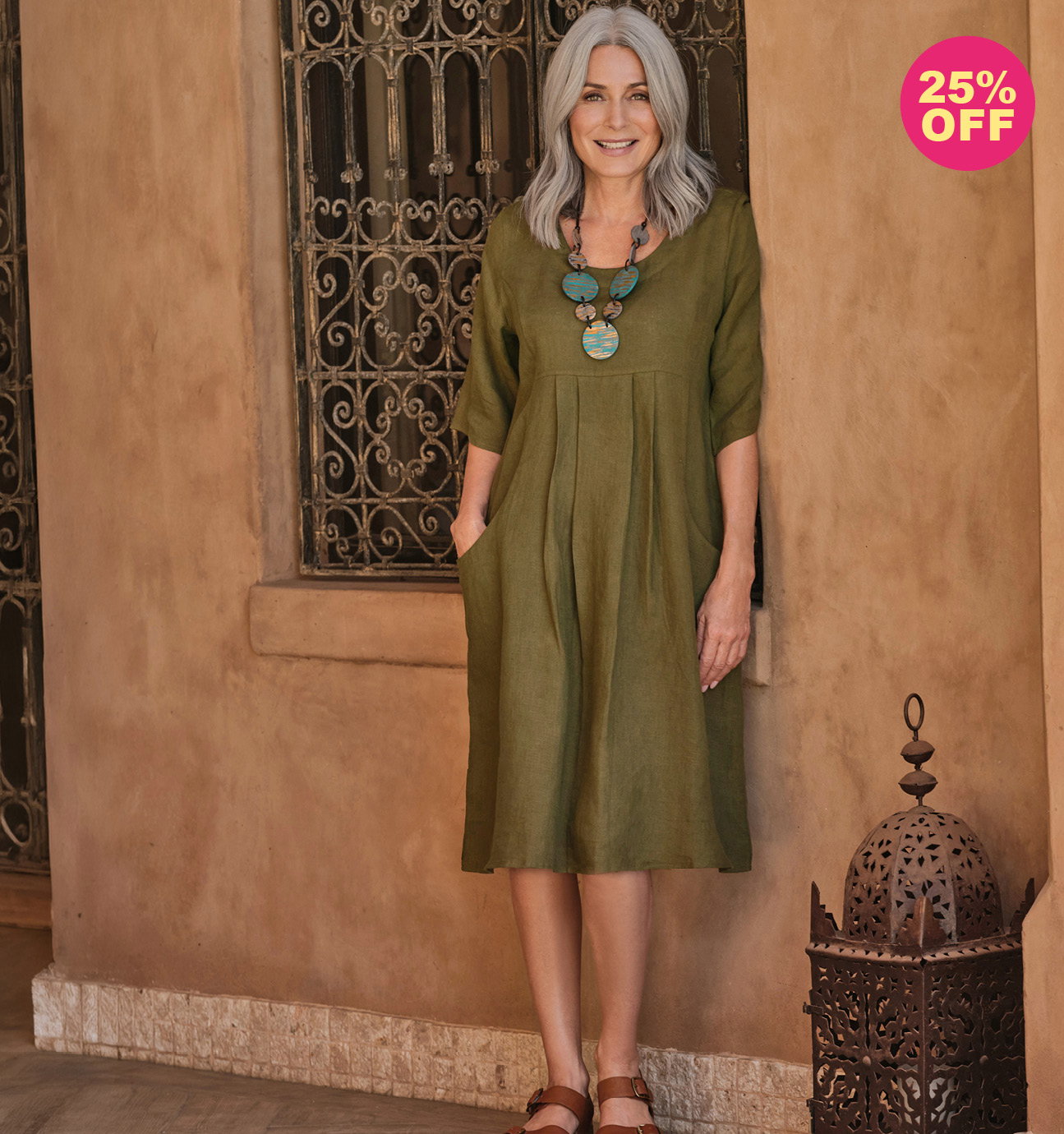 Womens Linen Pocket Tunic Dress