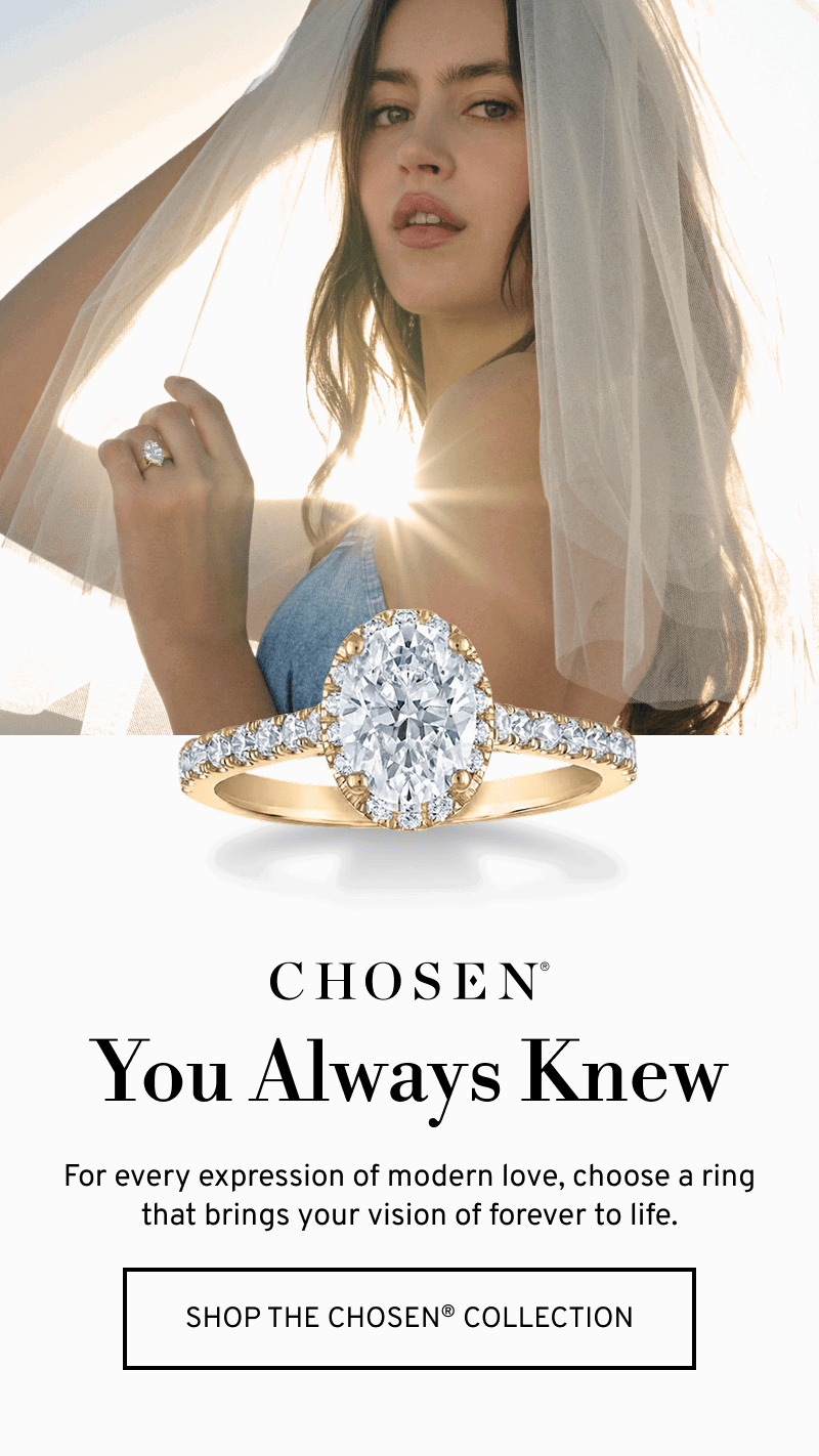 Model wearing a Chosen engagement ring and veil. For every expression of modern love. Click to Shop Chosen Collection