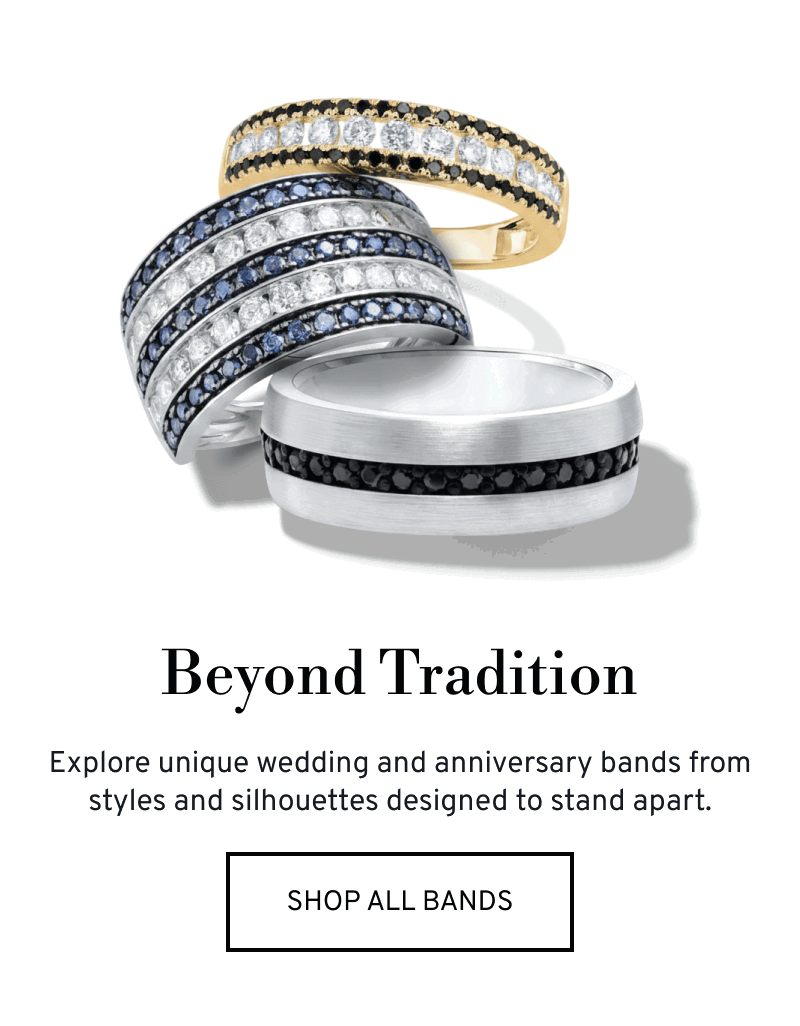 Three unique, diamond wedding bands of different metals. Go beyond tradition. Click to Shop All Wedding Bands
