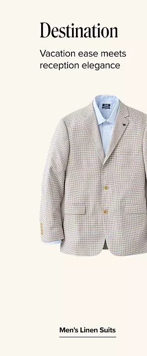 Destination. Vacation ease meets reception elegance. A mens button down and coat. Mens linen suits.