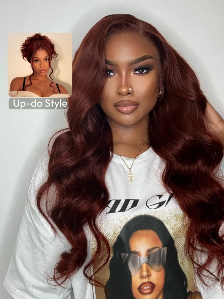 From 22 Inch Beginner Friendly 7x5 Bye Bye Knots Wig Glueless Lace Reddish Brown Bouncy Body Wave Bleached Knots Wig