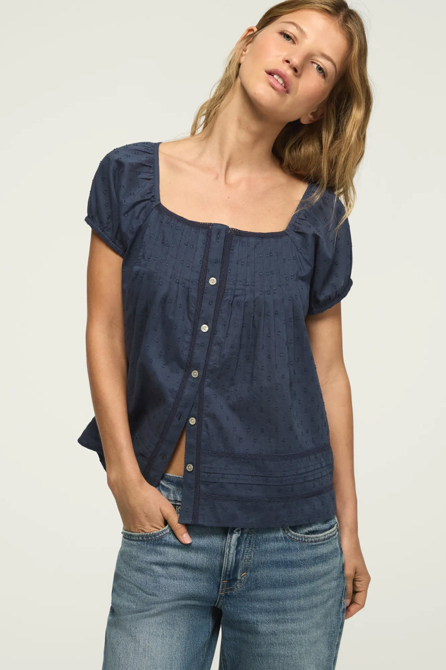 Image of Lucky Brand Cap Sleeve Lace Peasant Top - Women's Clothing Peasant Tops Shirts in Navy