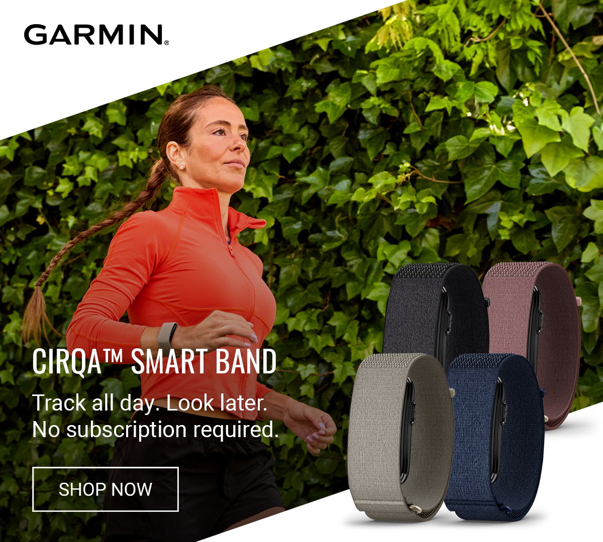 Garmin promotional image featuring a runner wearing a fitness tracker on an outdoor route, alongside a selection of Garmin watch bands in multiple colours.