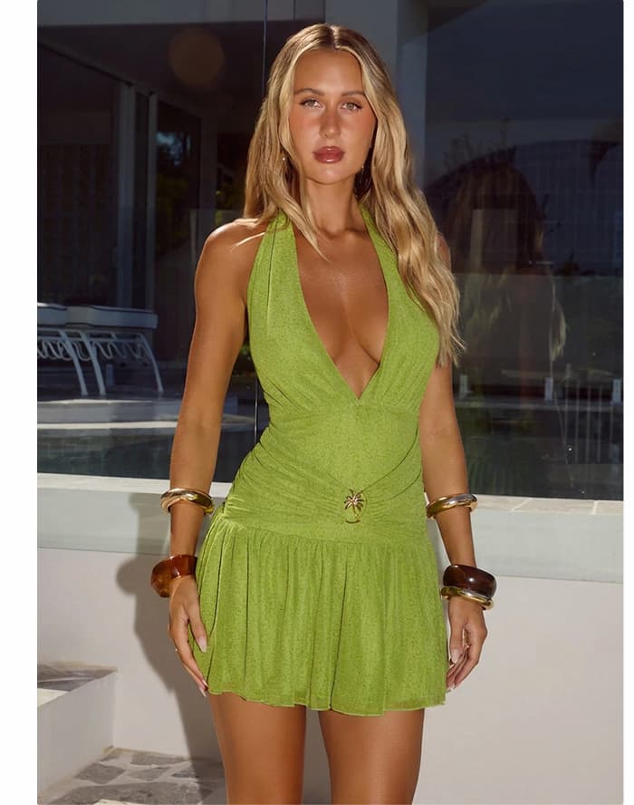 Spellbound Beauty Halter Mini Dress Green