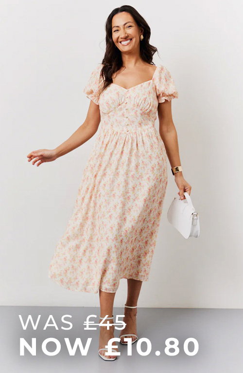 Cream Floral Print Puff Sleeve Milkmaid Midi Dress