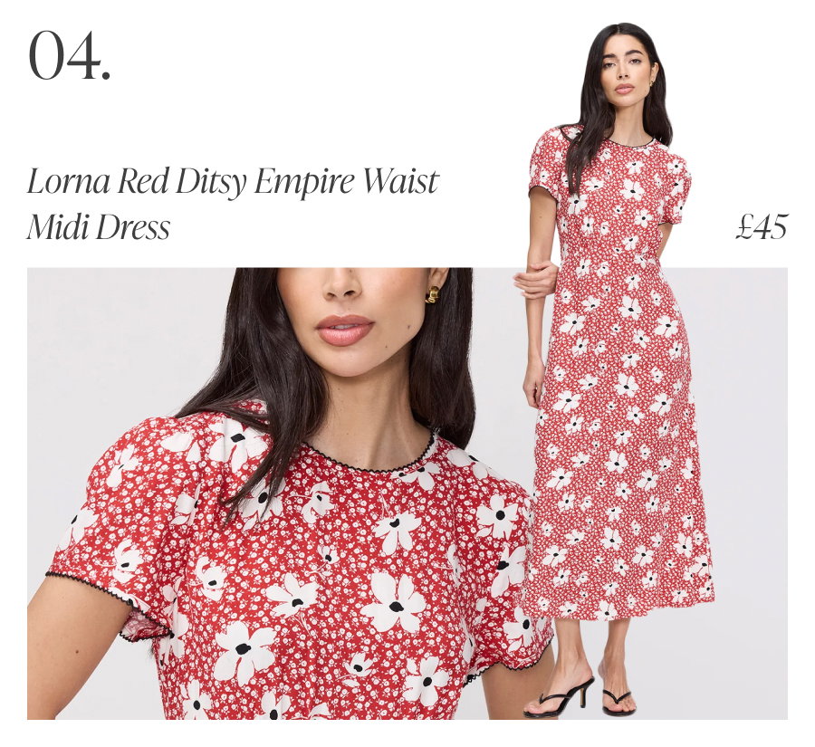 Lorna Red Ditsy Empire Waist Midi Dress