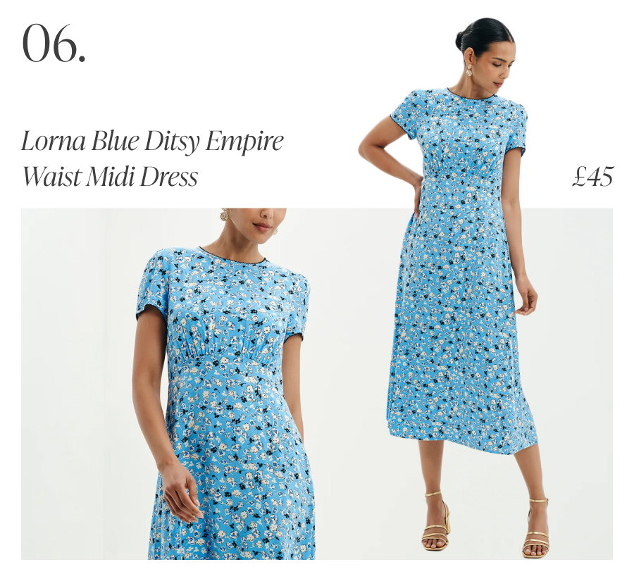 Lorna Blue Ditsy Empire Waist Midi Dress