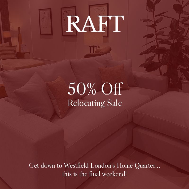 Red sale banner for Raft relocation sale. 