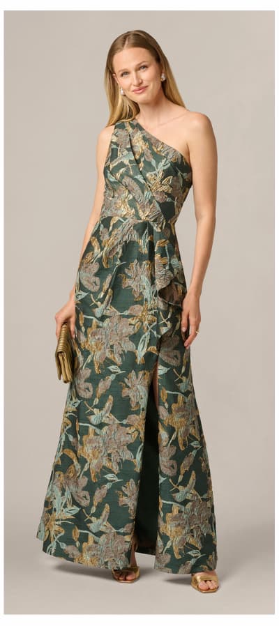 One Shoulder Jacquard Dress In Green Gold