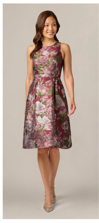 Rose Garden Metallic Jacquard Fit And Flare Dress In Burgundy Multi