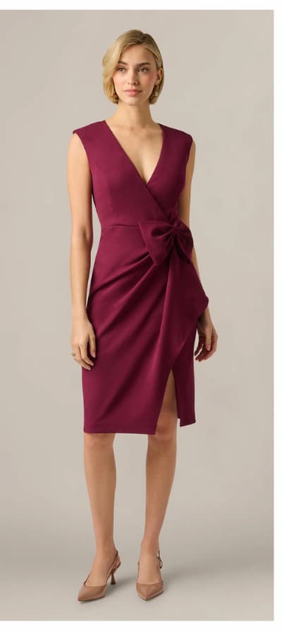Bow Accent Stretch Wrap Dress In Cabernet