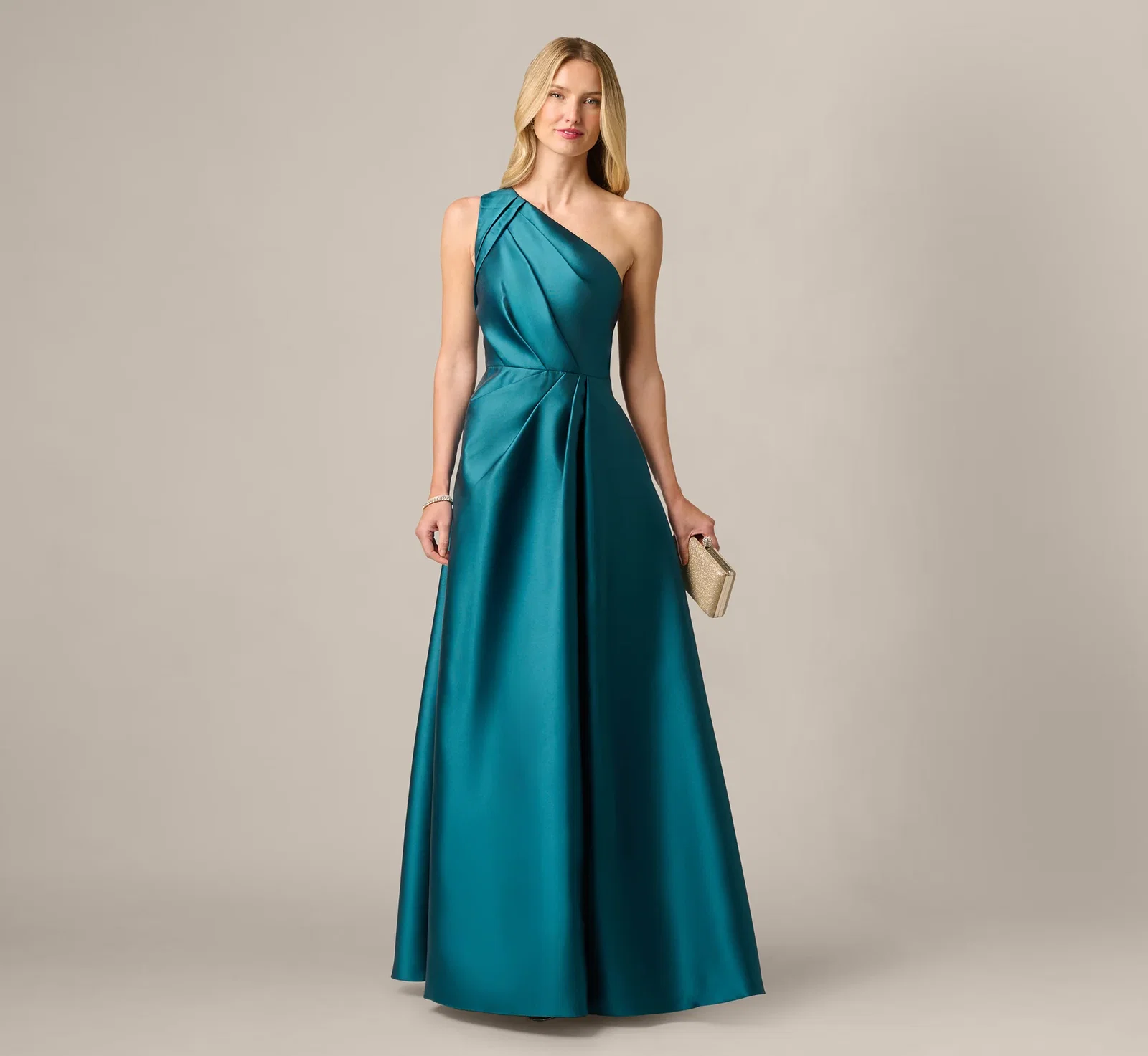 Image of One Shoulder Mikado Asymmetrical Pleated Ballgown In Hunter