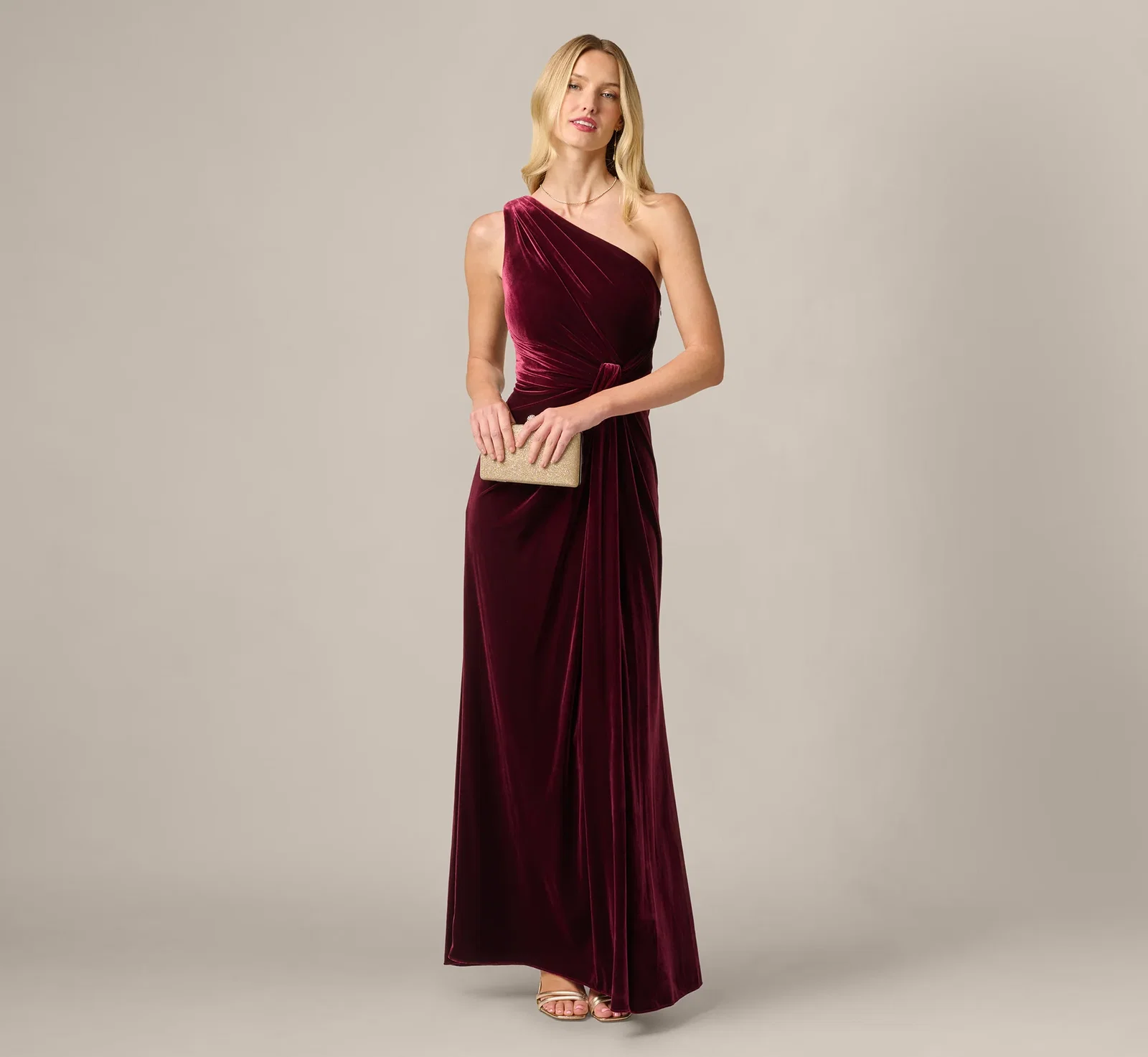 Image of One Shoulder Stretch Velvet Twist Knot Draped Gown In Bordeaux