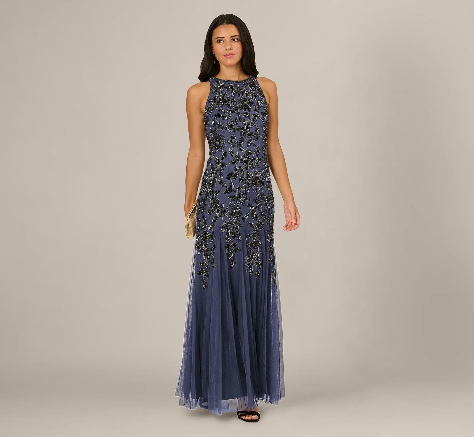 Image of Sleeveless Floral Beaded Godet Gown In Smoky Peri