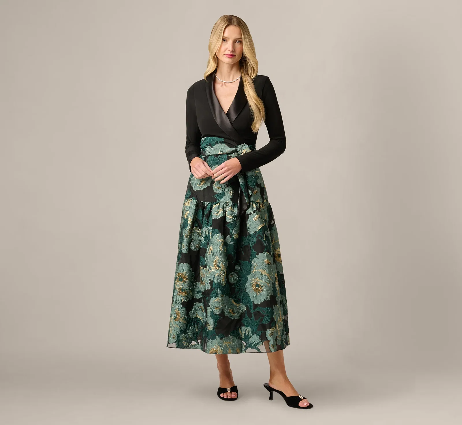 Image of Long Sleeve Jacquard Tuxedo Ankle Length Combo Dress In Black Emerald