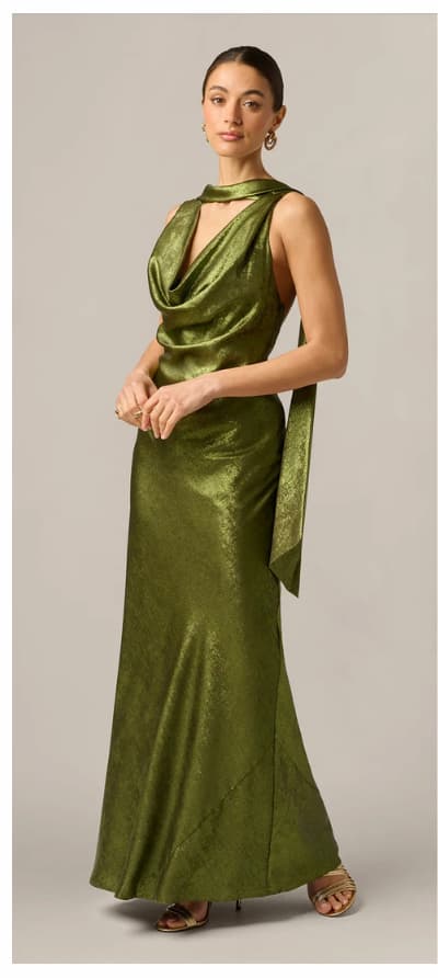 Foil Chiffon Cowled Scarf Halter Gown In Dark Olive
