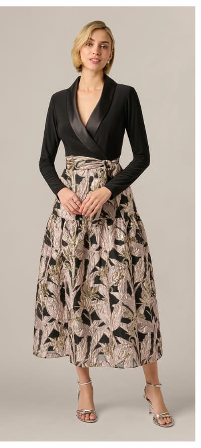 Long Sleeve Combo Tuxedo Ankle Length Gown In Black Blush
