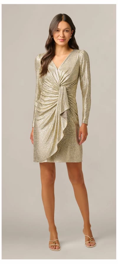 Foil Knit Faux Wrap Dress With Long Sleeves In Light Gold